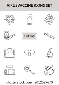 Black Line Art Set of Virus Vaccine Icon In Flat Style.
