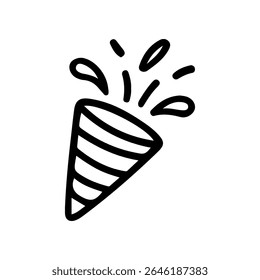 Black line art shows a hand drawn party popper icon exploding confetti. Perfect for event invitation or holiday decoration. Isolated on white background