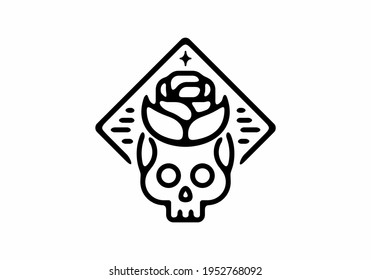 Black line art of skeleton head with rose flower design