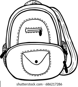 Black line art sketch on white background, school bag isolated, for back to school design, school supplies illustration, hand drawn with liners, vector.