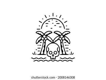 Black line art of skull and coconut trees and sun design
