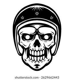 Black line art of a skull wearing a retro helmet, detailed hand-drawn vector illustration. Perfect for streetwear, tattoos, posters, and vintage urban designs with edgy, bold style.
