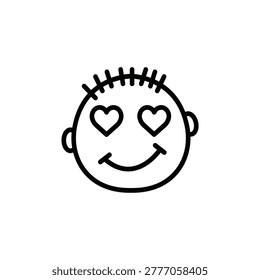 Black line art of a smiling boy with heart-shaped eyes, short spiky hair, and round ears. Cute minimalist icon expressing love, happiness, and adoration on white background.