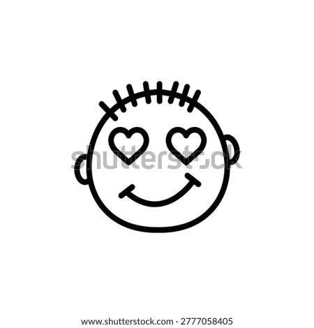 Black line art of a smiling boy with heart-shaped eyes, short spiky hair, and round ears. Cute minimalist icon expressing love, happiness, and adoration on white background.
