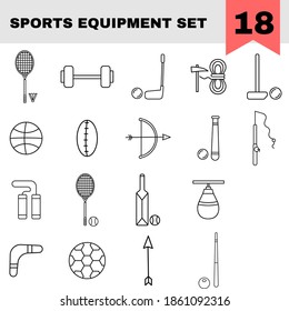 Linha Preta Arte Ícone De Equipamento Esportivo Definido No Fundo Branco.