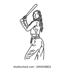 black line art of a stylish posing woman playing baseball