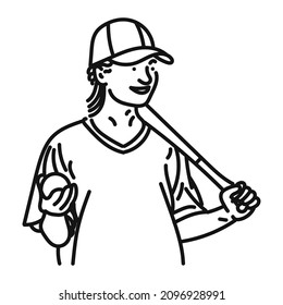 black line art of a stylish posing woman playing baseball