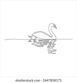 Cisne da arte da linha preta flutuando na água com reflexão