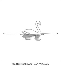 Cisne da arte da linha preta nadando na água com reflexos
