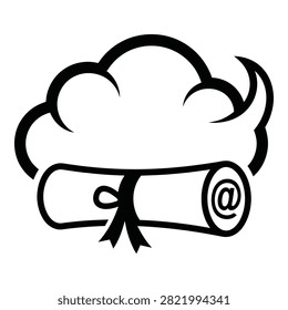 Black line art symbol of a cloud hovering over a scroll with an at sign. Represents cloud storage, email services, and digital data delivery concepts.