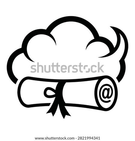 Black line art symbol of a cloud hovering over a scroll with an at sign. Represents cloud storage, email services, and digital data delivery concepts.