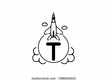 Black line art of T initial letter with flying jet design