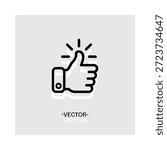 Black line art thumbs up icon with rays on gray background