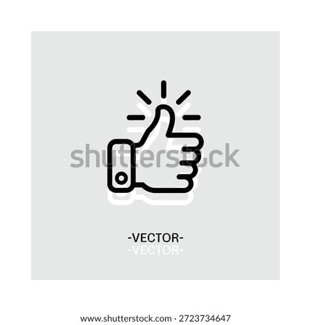 Black line art thumbs up icon with rays on gray background
