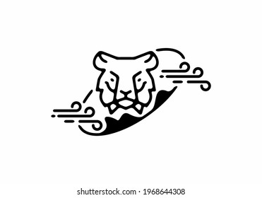 Black line art tiger head in tilted oval shape design