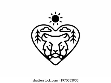 Black line art tiger head in love shape design