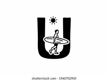 Black line art of U initial letter with surfer shape