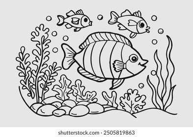 Black line art of under sea water with fish for kids coloring book in white background 