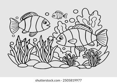 Black line art of under sea water with fish for kids coloring book in white background 