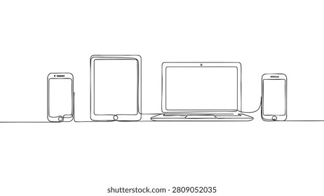 black line art vector icon of devices on a desk