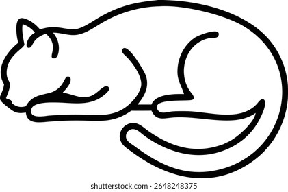 Black line art vector illustration of a cat sleeping curled up its body The image is simple and minimalist with a black silhouette against a white background