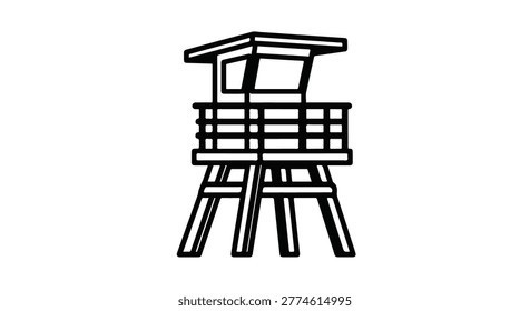 Black line art vector illustration of a coastal lifeguard watch tower.