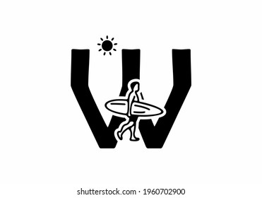 Black line art of W initial letter with surfer shape