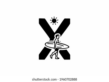 Black line art of X initial letter with surfer shape