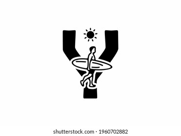 Black line art of Y initial letter with surfer shape