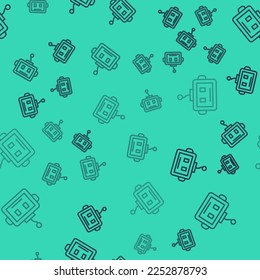 Línea negra Icono de robot de inteligencia artificial aislado patrón transparente sobre fondo verde. Aprendizaje automático, computación en nube.  Vector