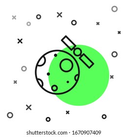 Schwarze Linie Künstliche Satelliten, die den Planeten Erde im Weltraum umkreisen Symbol einzeln auf weißem Hintergrund. Kommunikation, Navigationskonzept. Vektorillustration-Illustration