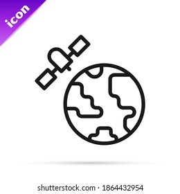 Black line Artificial satellites orbiting the planet Earth in outer space icon isolated on white background. Communication, navigation concept.  Vector