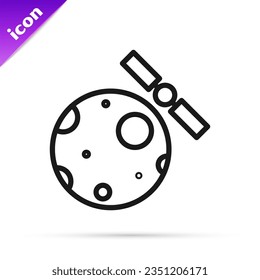 Black line Artificial satellites orbiting the planet Earth in outer space icon isolated on white background. Communication, navigation concept.  Vector Illustration