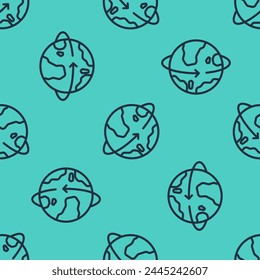Black line Artificial satellites orbiting the planet Earth in outer space icon isolated seamless pattern on green background. Communication, navigation concept.  Vector