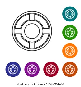 Das Symbol Ashtray der schwarzen Linie ist auf weißem Hintergrund isoliert. Stellen Sie Symbole in den Farbkreisknöpfen ein. Vector Illustration