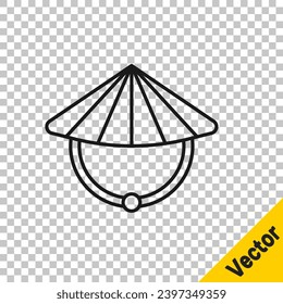 Black line Asian or Chinese conical straw hat icon isolated on transparent background.  Vector