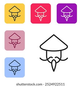 Black line Asian or Chinese conical straw hat icon isolated on white background. Chinese man. Set icons in color square buttons. Vector