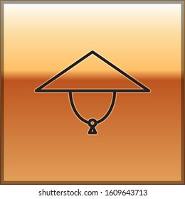 Black line Asian conical hat icon isolated on gold background. Chinese conical straw hat.  Vector Illustration