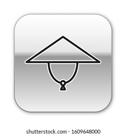Black line Asian conical hat icon isolated on white background. Chinese conical straw hat. Silver square button. Vector Illustration