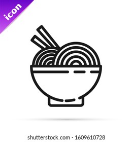 Black line Asian noodles in bowl and chopsticks icon isolated on white background. Street fast food. Korean, Japanese, Chinese food.  Vector Illustration