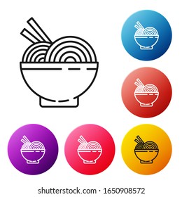 Black line Asian noodles in bowl and chopsticks icon isolated on white background. Street fast food. Korean, Japanese, Chinese food. Set icons colorful circle buttons. Vector Illustration