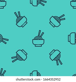 Black line Asian noodles in bowl and chopsticks icon isolated seamless pattern on green background. Street fast food. Korean, Japanese, Chinese food.  Vector Illustration