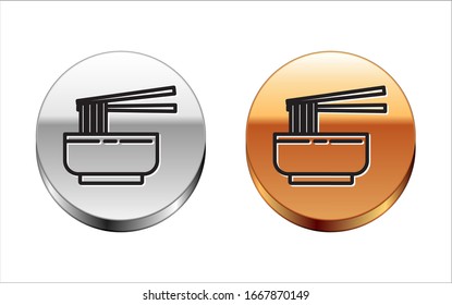 Black line Asian noodles in bowl and chopsticks icon isolated on white background. Street fast food. Korean, Japanese, Chinese food. Silver-gold circle button. Vector Illustration