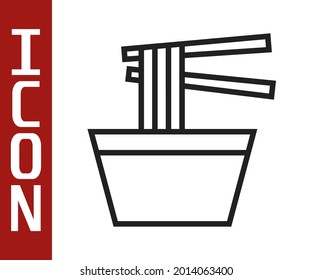 Black line Asian noodles in bowl and chopsticks icon isolated on white background. Street fast food. Korean, Japanese, Chinese food.  Vector