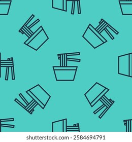 Black line Asian noodles in bowl and chopsticks icon isolated seamless pattern on green background. Street fast food. Korean, Japanese, Chinese food.  Vector