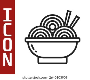 Black line Asian noodles in bowl and chopsticks icon isolated on white background. Street fast food. Korean, Japanese, Chinese food.  Vector Illustration