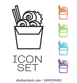 Black line Asian noodles in paper box and chopsticks icon isolated on white background. Street fast food menu. Korean, Japanese, Chinese food. Set icons colorful. Vector Illustration