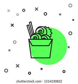 Black line Asian noodles in paper box and chopsticks icon isolated on white background. Street fast food menu. Korean, Japanese, Chinese food.  Vector Illustration