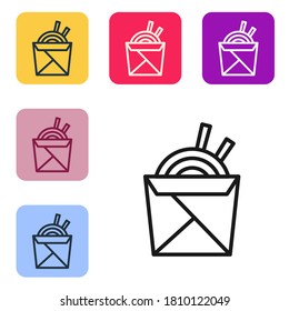 Black line Asian noodles in paper box and chopsticks icon isolated on white background. Street fast food. Korean, Japanese, Chinese food. Set icons in color square buttons. Vector Illustration