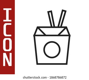 Black line Asian noodles in paper box and chopsticks icon isolated on white background. Street fast food. Korean, Japanese, Chinese food.  Vector